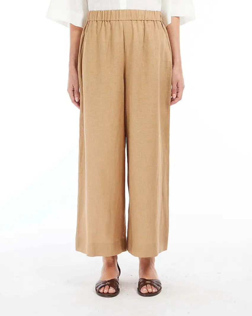 Pantaloni palazzo color cammello MM Max Mara in lino con elastico in vita