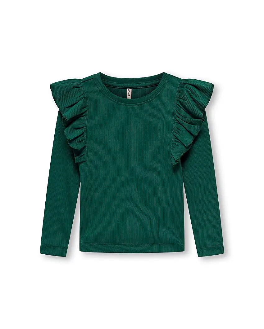 T-shirt a maniche lunghe verde bottiglia in cotone stretch a costine con volant sulle spalle 2-7 anni