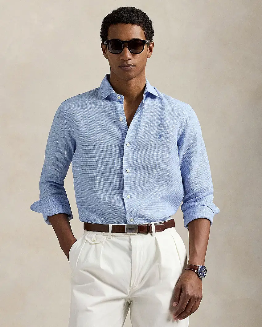 Camicia Polo Ralph Lauren custom-fit micro pied de poule azzurra in puro lino con colletto aperto alla francese