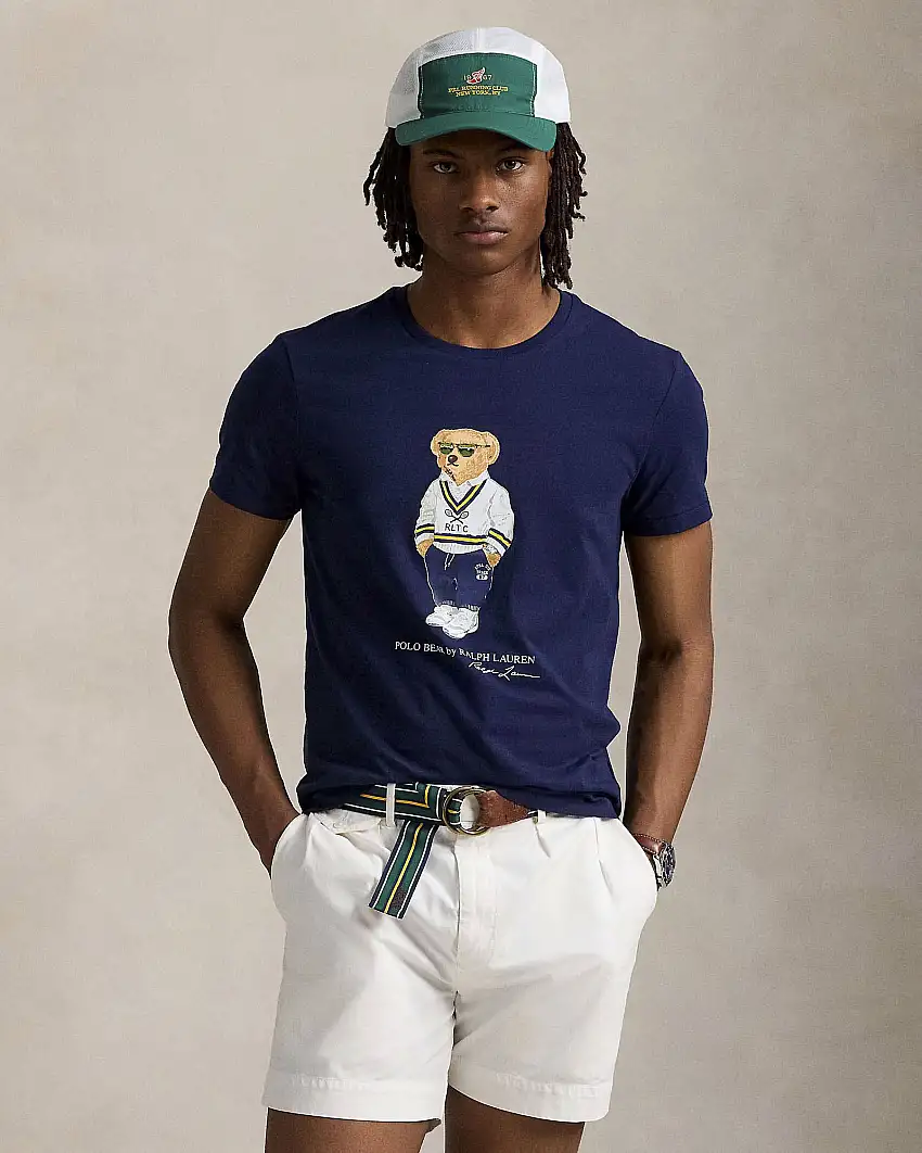 T-shirt blu Polo Ralph Lauren custom slim-fit in puro cotone con Polo Bear stampato sul petto