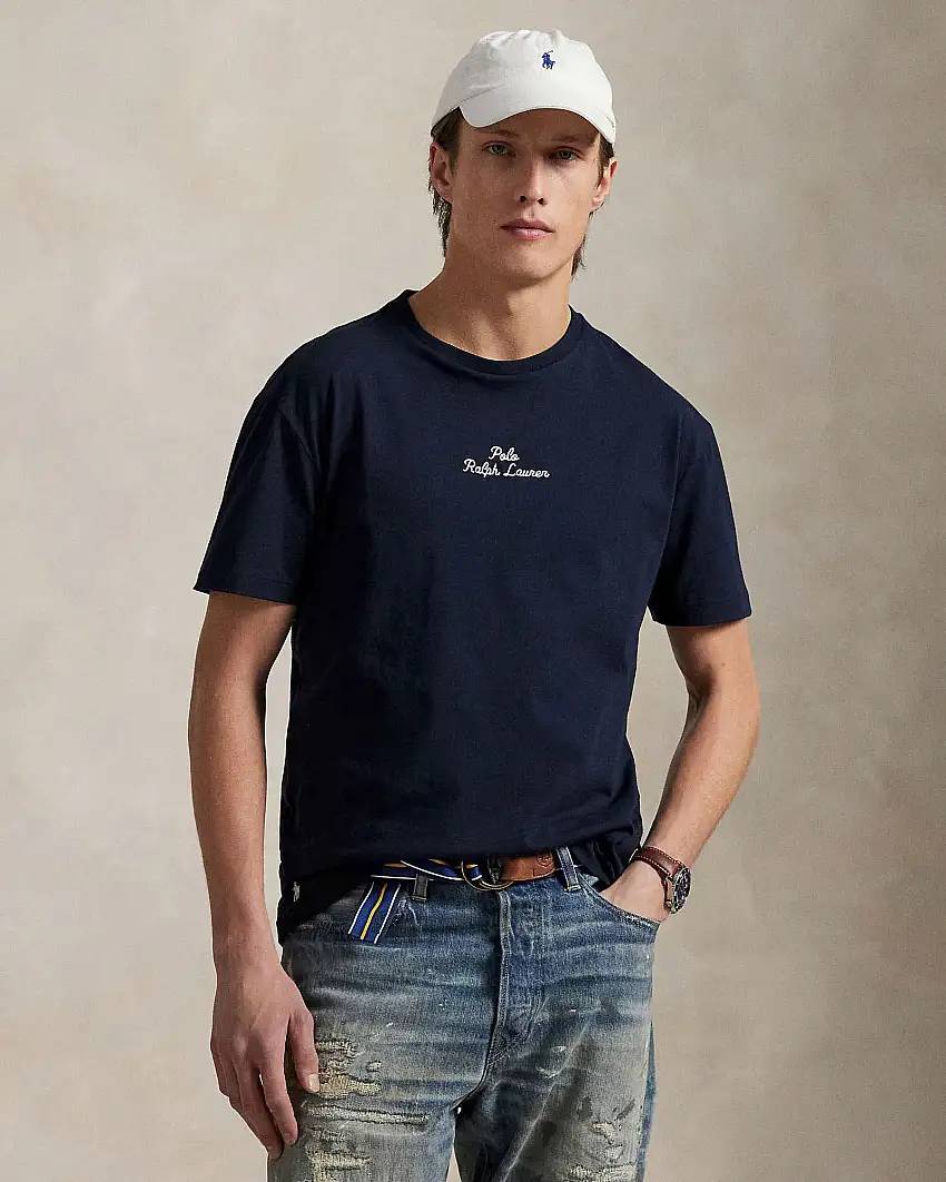 T-shirt Polo Ralph Lauren blu classic-fit mezza manica con logo scritta ricamato davanti
