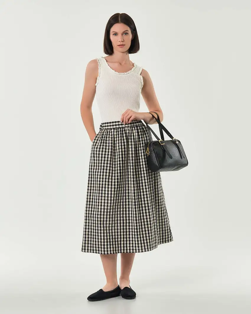 Gonna midi Hlo! in cotone garzato a quadretti Vichy bianchi e neri