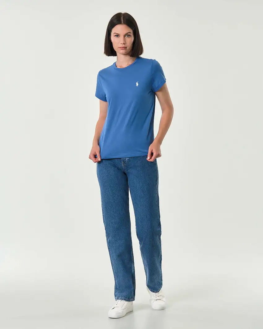 T-shirt bluette Polo Ralph Laure in cotone con scollo tondo e logo bianco ricamato