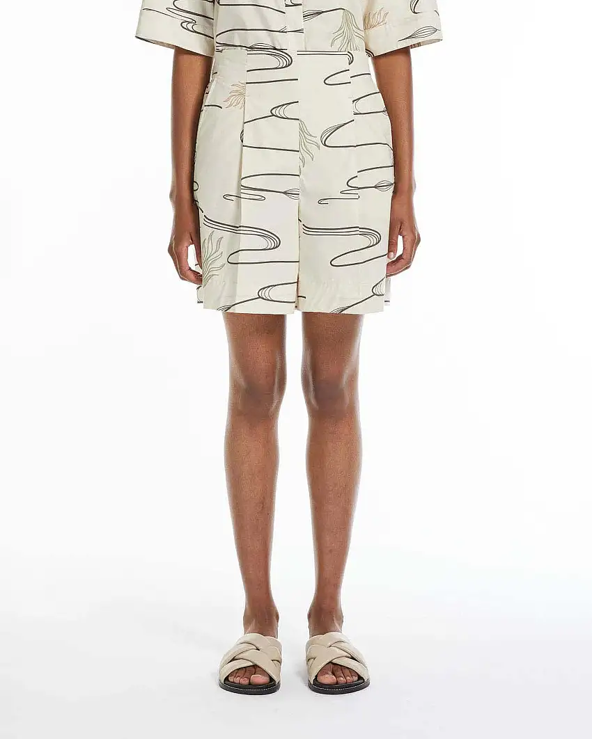 Bermuda beige in cotone MM Max Mara a fantasia a onde marroni con pinces in vita