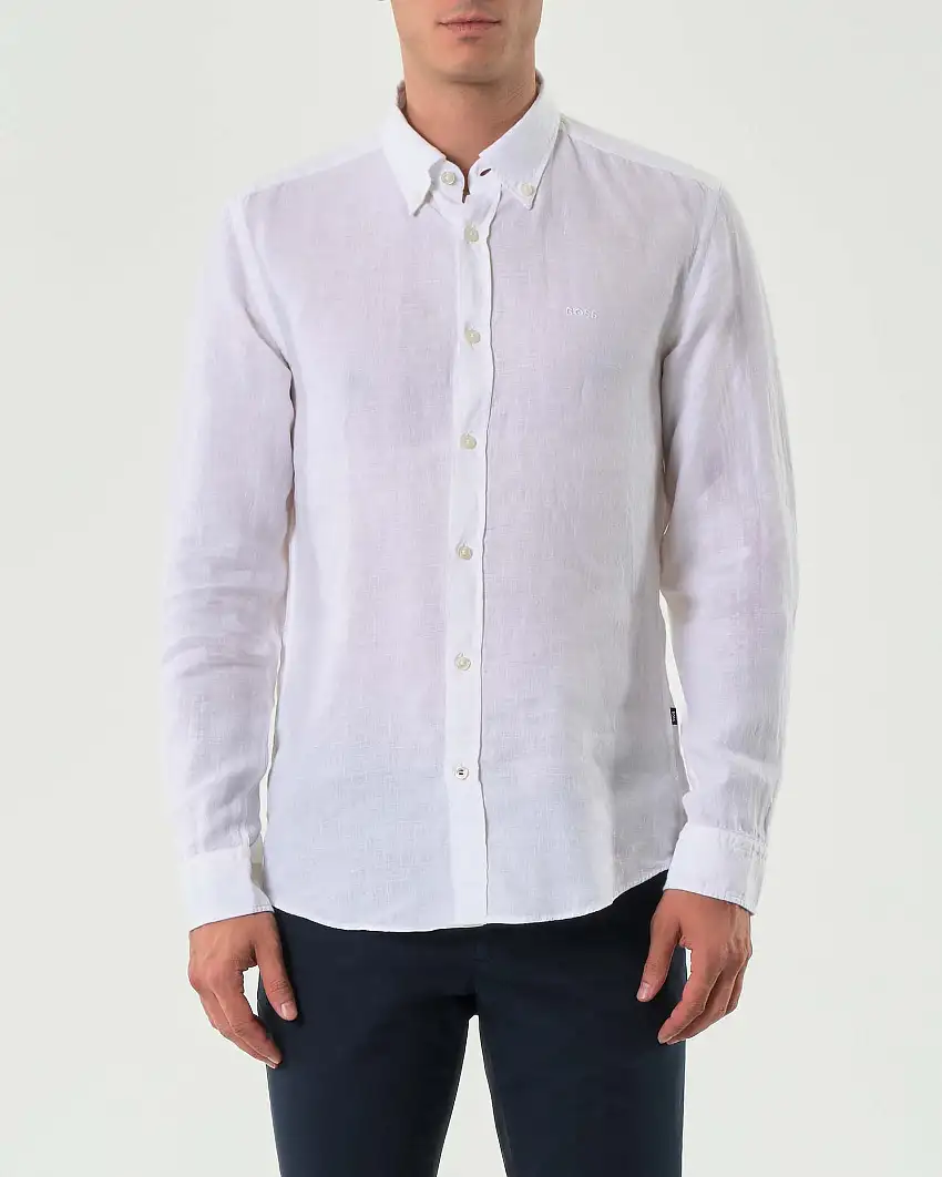Camicia Boss Roan bianca slim fit in puro lino con colletto button down