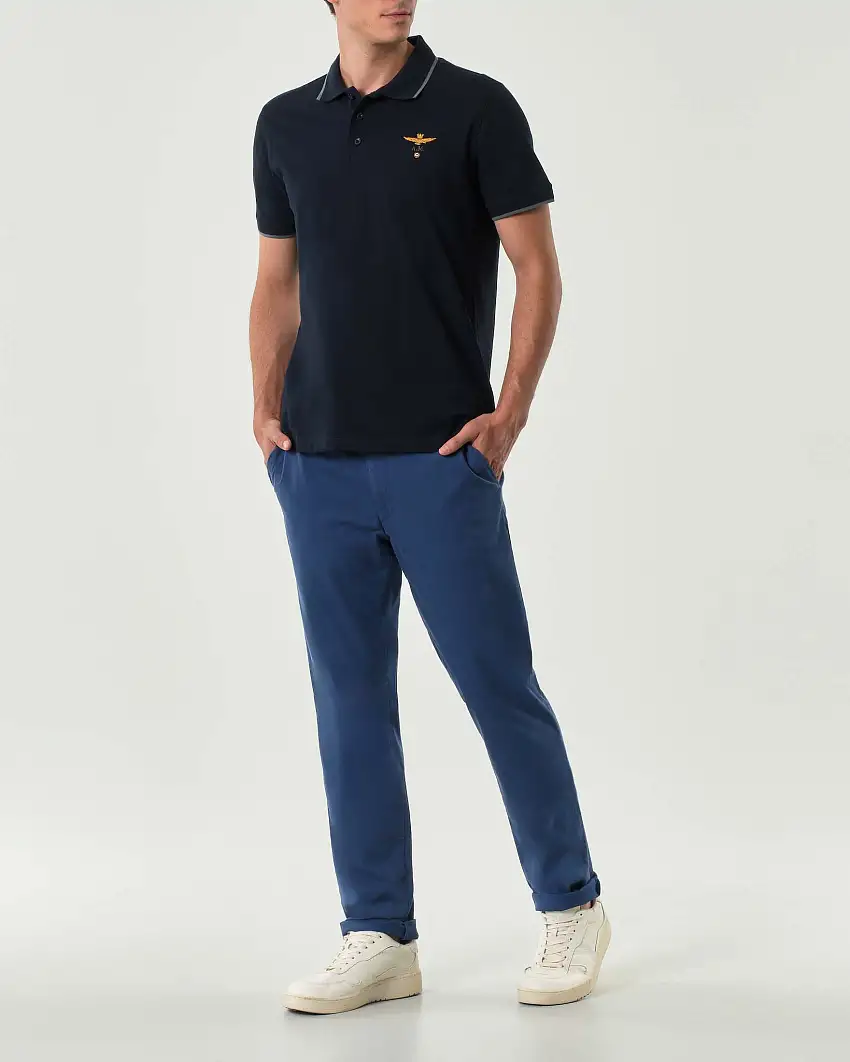 Pantalone Meyer chino Oslo blu indaco in micro piquet di cotone stretch drop 6