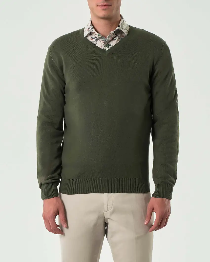Maglia Pellizzari verde militare scollo a V in puro cotone made in Italy