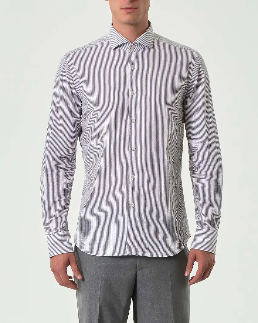 Camicia Xacus bastoncino bianco grigio in seersucker di puro cotone tailor fit