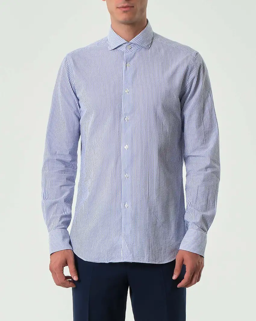 Camicia Xacus bastoncino bianco azzurro in seersucker di puro cotone tailor fit