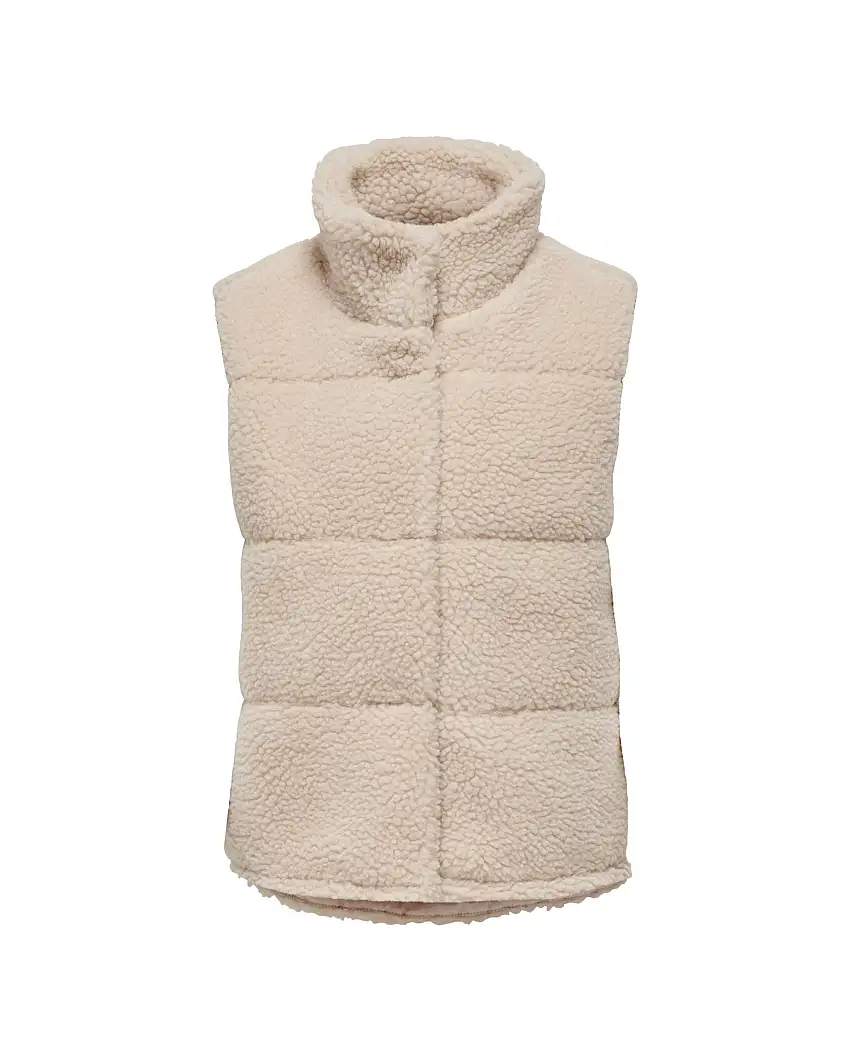 Gilet Kids Only beige a collo alto in sherpa con trapuntatura orizzontale ed abbottonatura nascosta