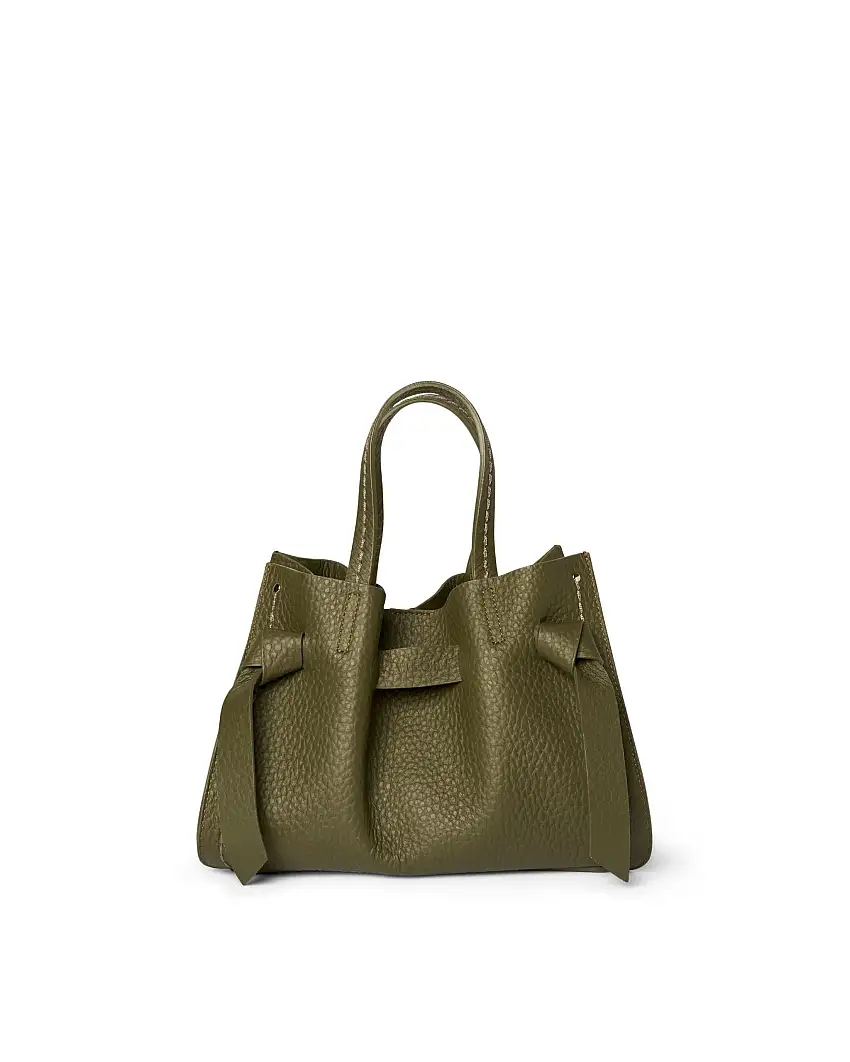 Borsa verde muschio Visonà misura piccola in pelle martellata con inserto abbinato a nodi e impunture a contrasto