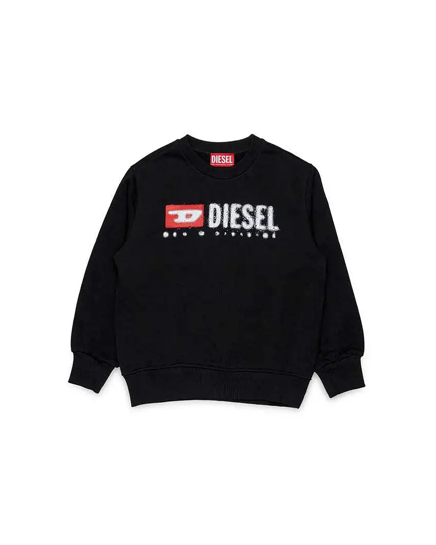 Felpa girocollo Diesel nera in misto cotone con maxi logo effetto pioggia