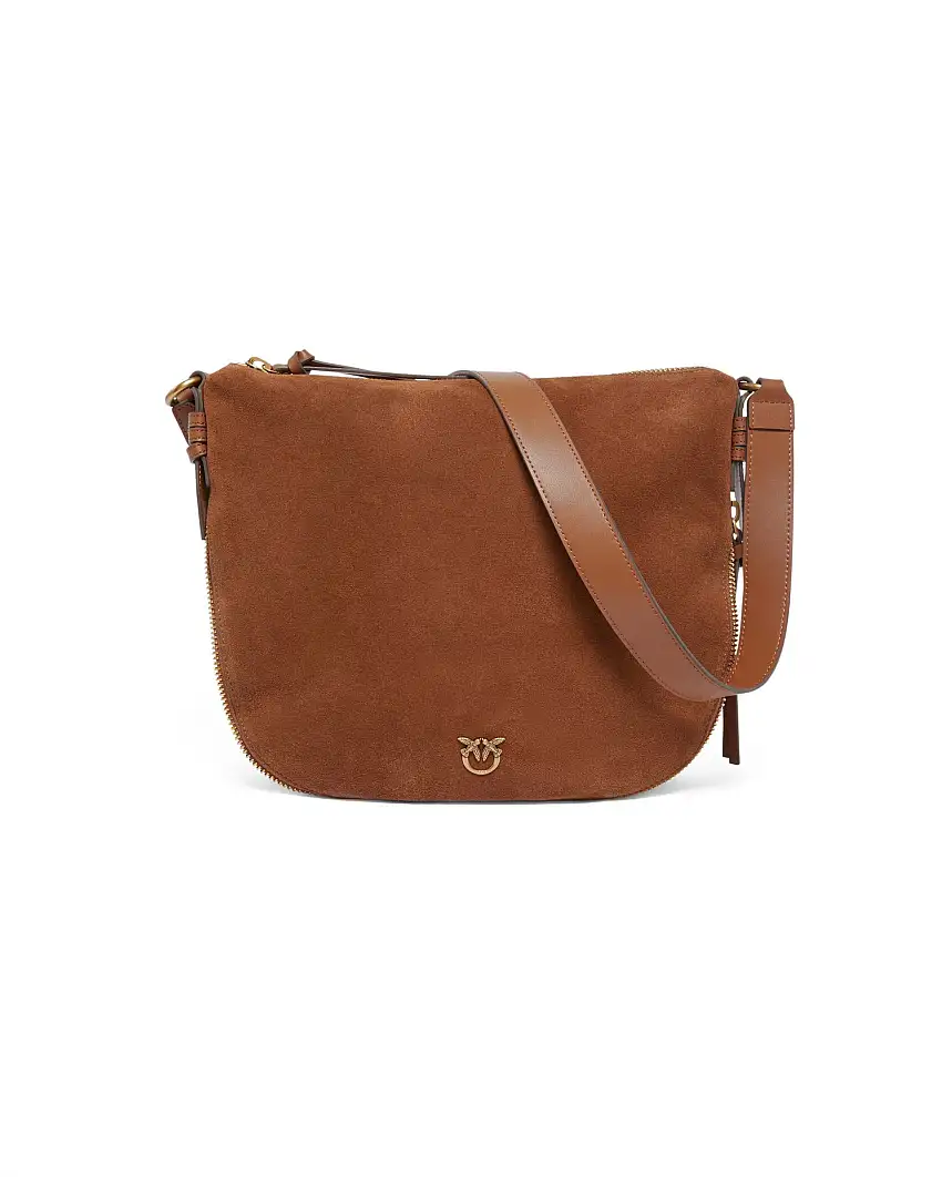 Maxi hobo bag Pinko color cuoio in suede con tracolla in pelle liscia con apertura a cerniera sul fondo