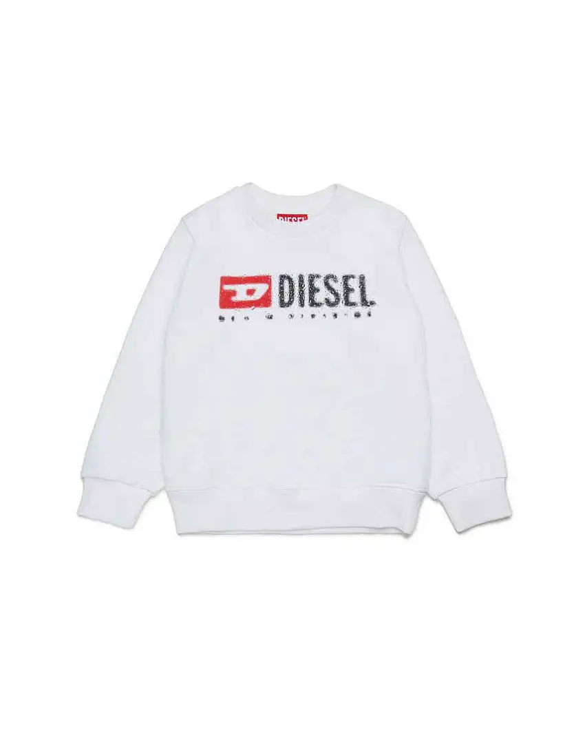 Felpa girocollo Diesel bianca in misto cotone con maxi logo effetto pioggia