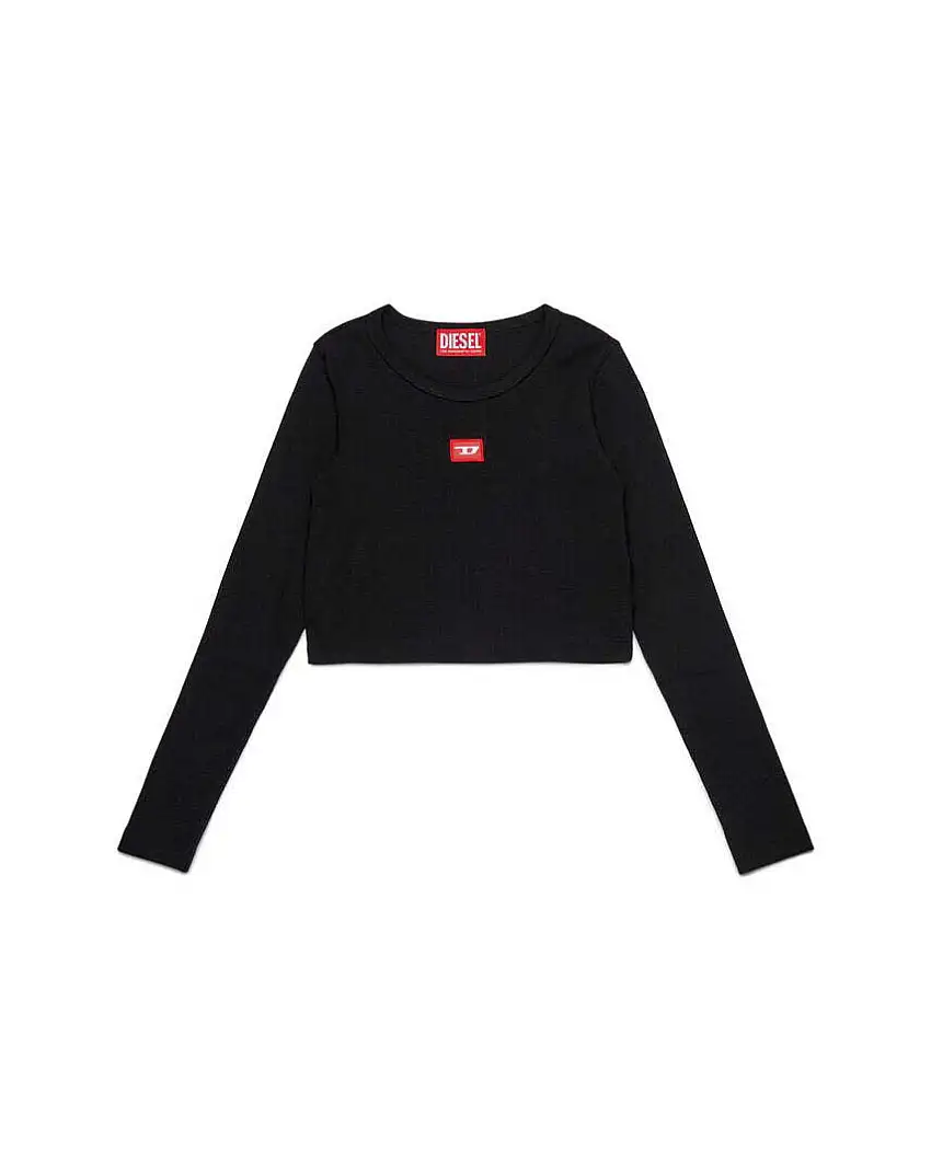 T-shirt Diesel nera a maniche lughe in cotone stretch a costine e mini logo rosso