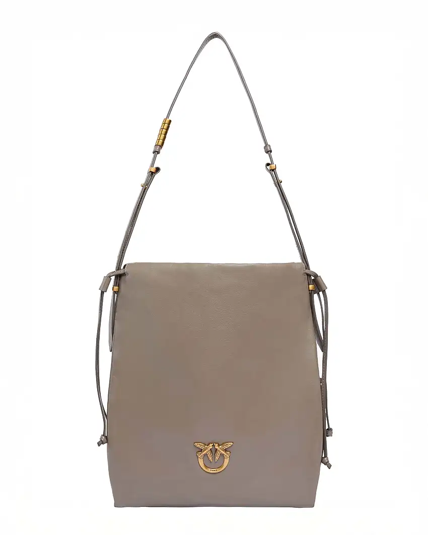 Sacchetto Pinko color tortora in pelle liscia misura media con fibbia Love Birds dorata e tracolla regolabile