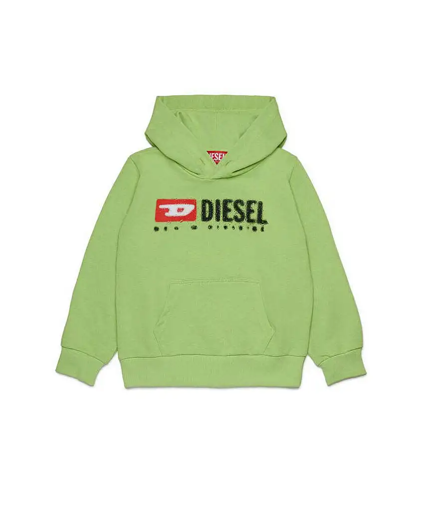 Felpa Diesel verde mela con cappuccio e stampa logo effetto pioggia