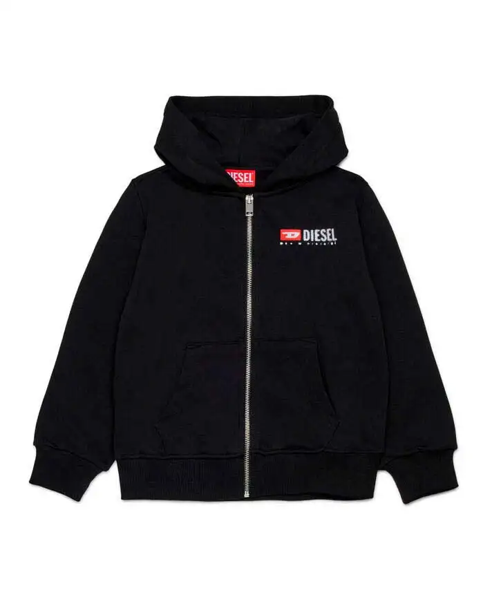 Felpa Diesel nera in cotone con cappuccio zip e logo effetto pioggia
