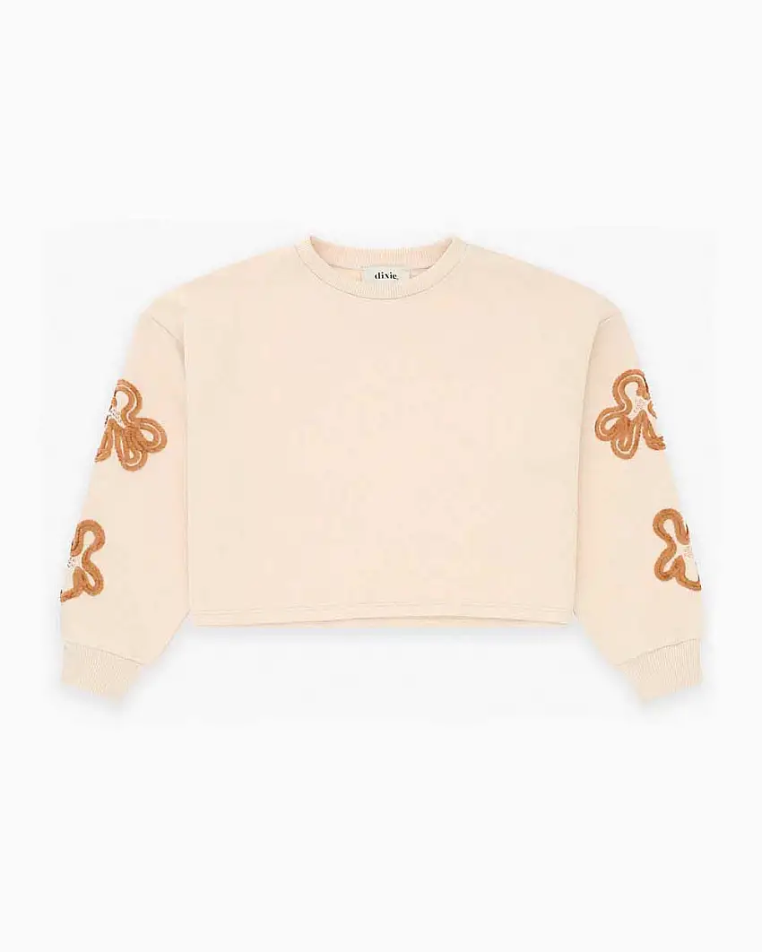 Felpa Dixie avorio in puro cotone a maniche lunghe con ricami sulle maniche