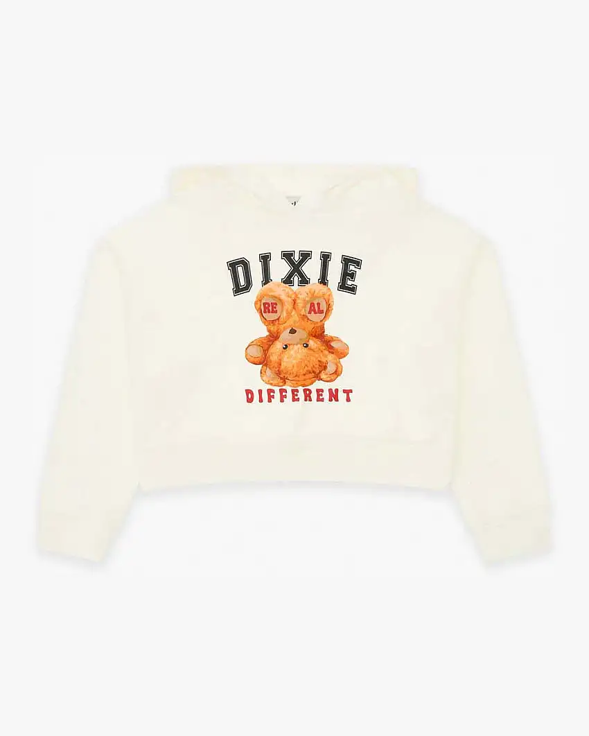 Felpa Dixie cropped color panna con cappuccio e stampa orsetto 'Real Different'