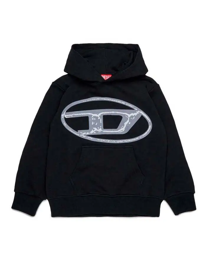 Felpa Diesel nera in cotone con cappuccio e maxi logo D effetto vintage