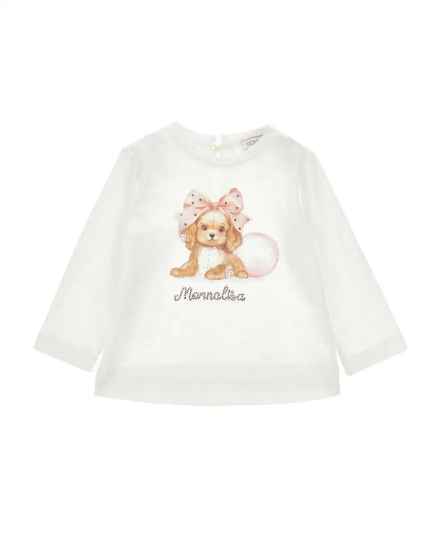 T-shirt manica lunga Monnalisa color avorio con stampa cagnolino e strass