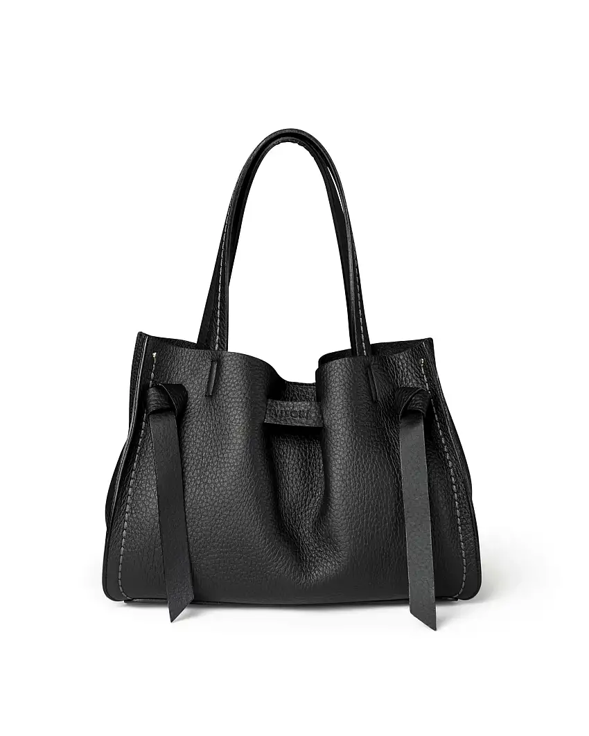 Borsa nera Visonà misura grande in pelle martellata con inserto abbinato a nodi e impunture a contrasto