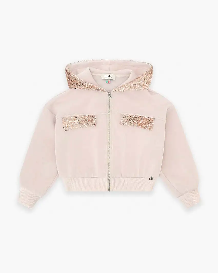 Felpa Dixie beige con cappuccio in pailettes e apertura zip