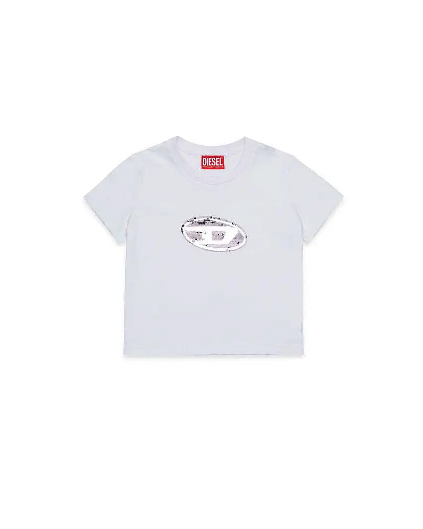 T-shirt bianca Diesel in puro cotone a maniche corte con logo in paillettes argento
