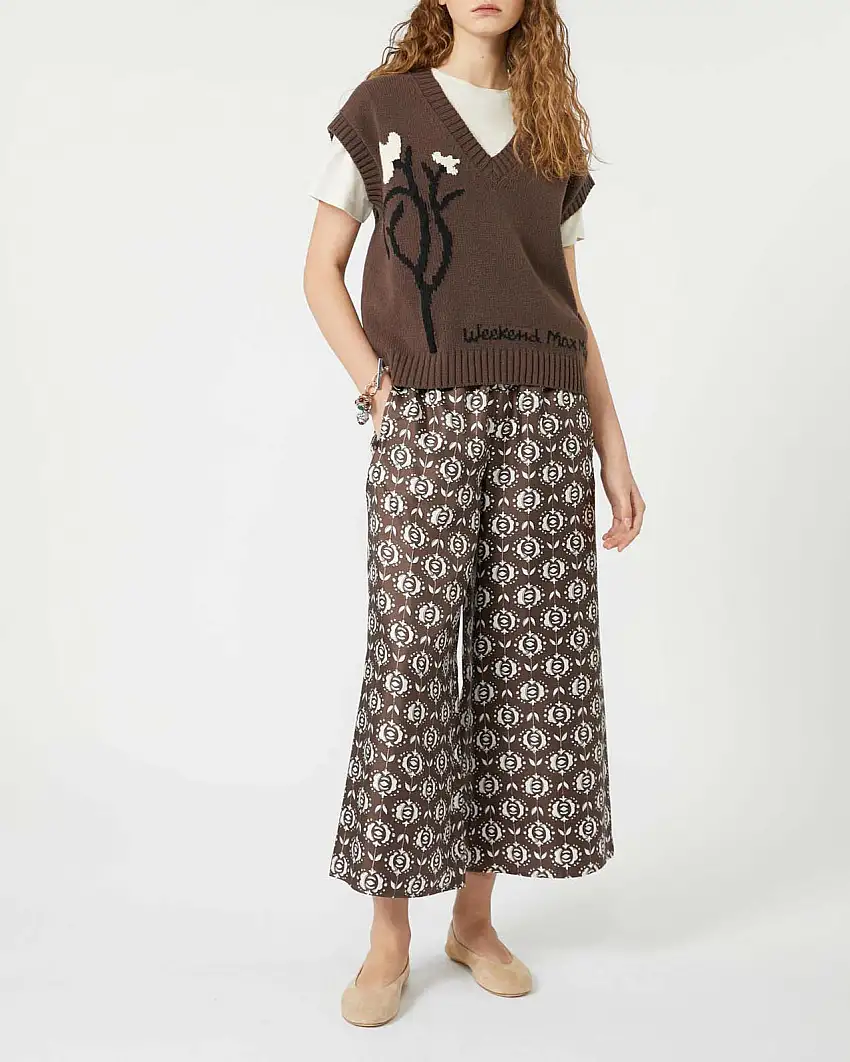 Pantaloni cropped Weekend Max Mara in seta marrone a fantasia fiori bianchi