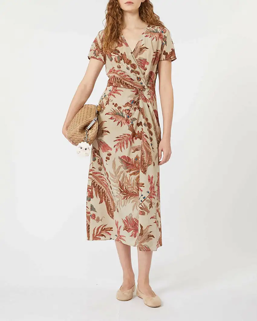 Abito midi beige Weekend Max Mara a fantasia foliage rosa con motivo a nodo sul fianco