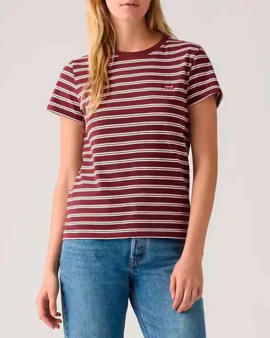 T-shirt bordeaux a righe bianche Levi's® in cotone con micro logo Batwing ricamato sul petto