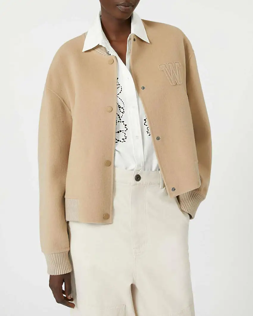 Bomber beige in doppio tessuto di misto lana Weekend Max Mara con patch logo sul petto