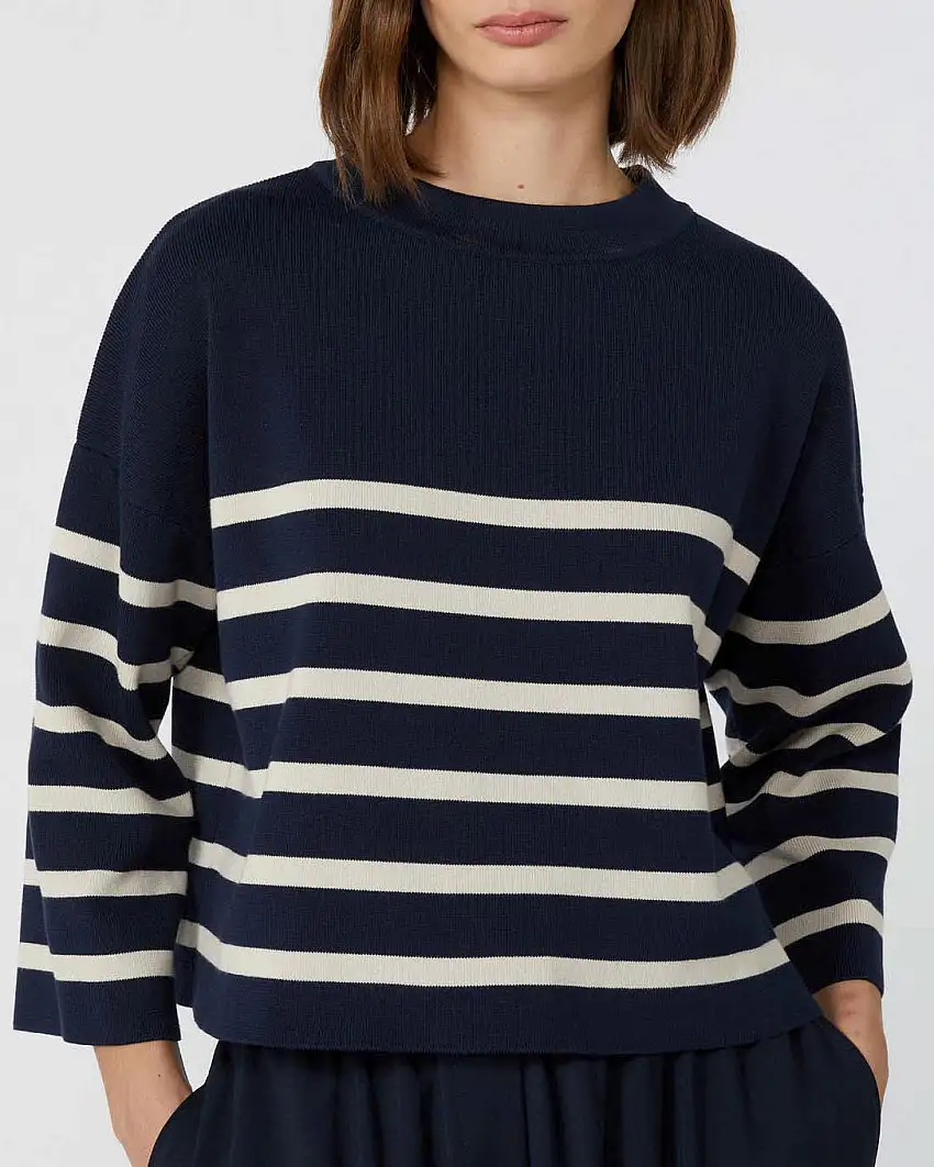 Maglia blu in cotone a righe bianche Weekend Max Mara con maniche al gomito