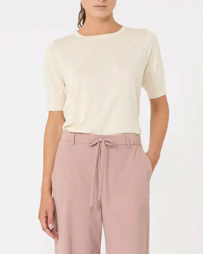 Maglia color avorio in seta e cotone a lavorazione rasata MM Max Mara con maniche corte