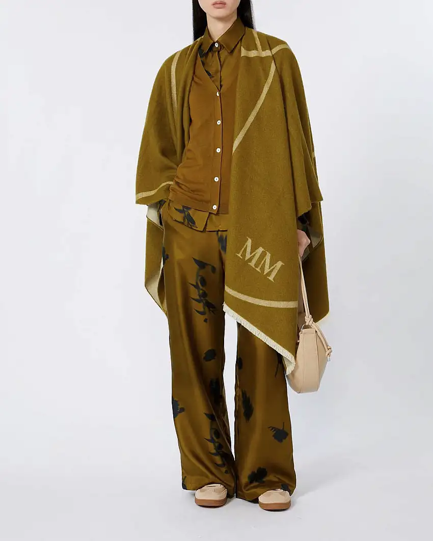 Pantaloni palazzo verde oliva in twill di seta MM Max Mara a stampa fiori neri con elastico in vita