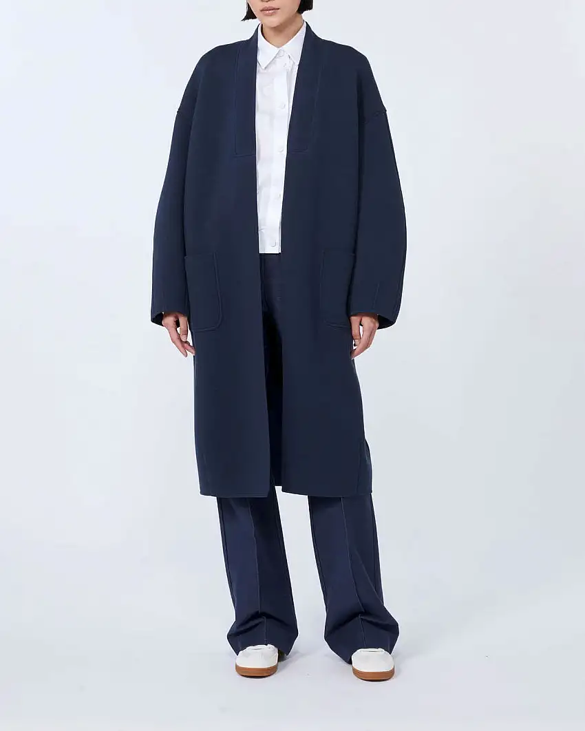 Cappotto blu al ginocchio MM Max Mara in Jersey di double di cotone con scollo a V e cintura in vita