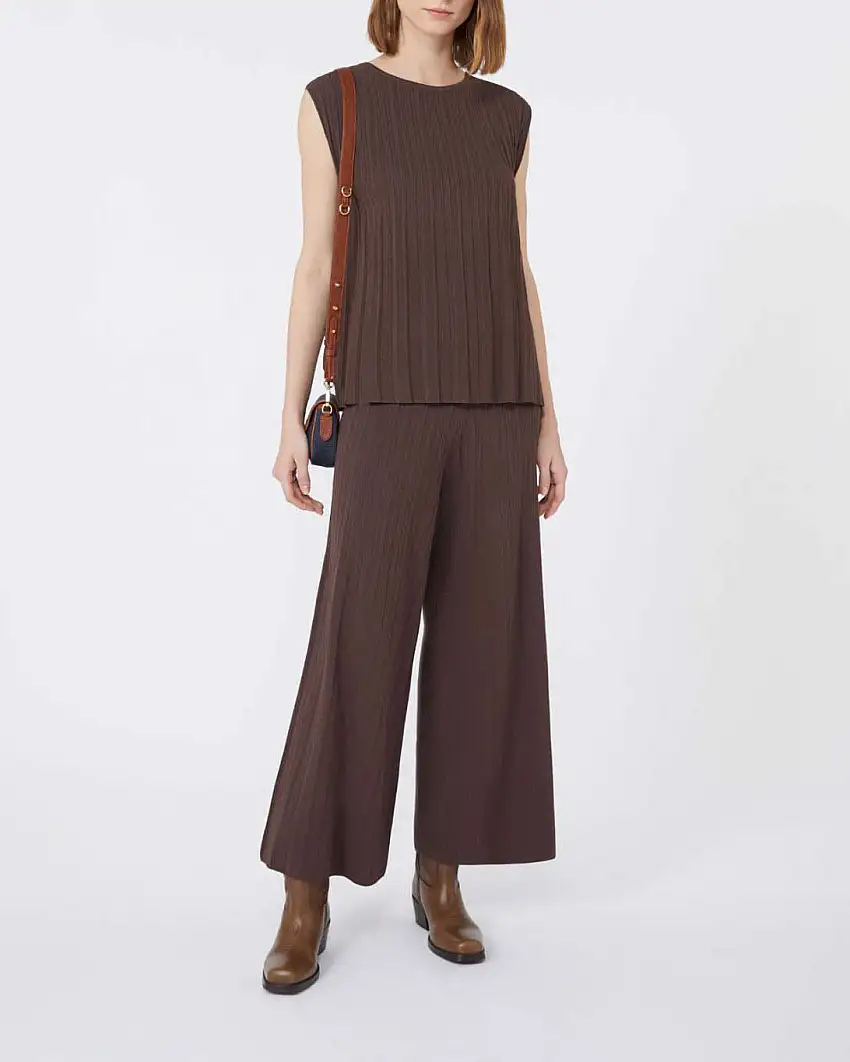 Pantaloni marroni cropped ampi Weekend Max Mara in maglia di viscosa plissettata