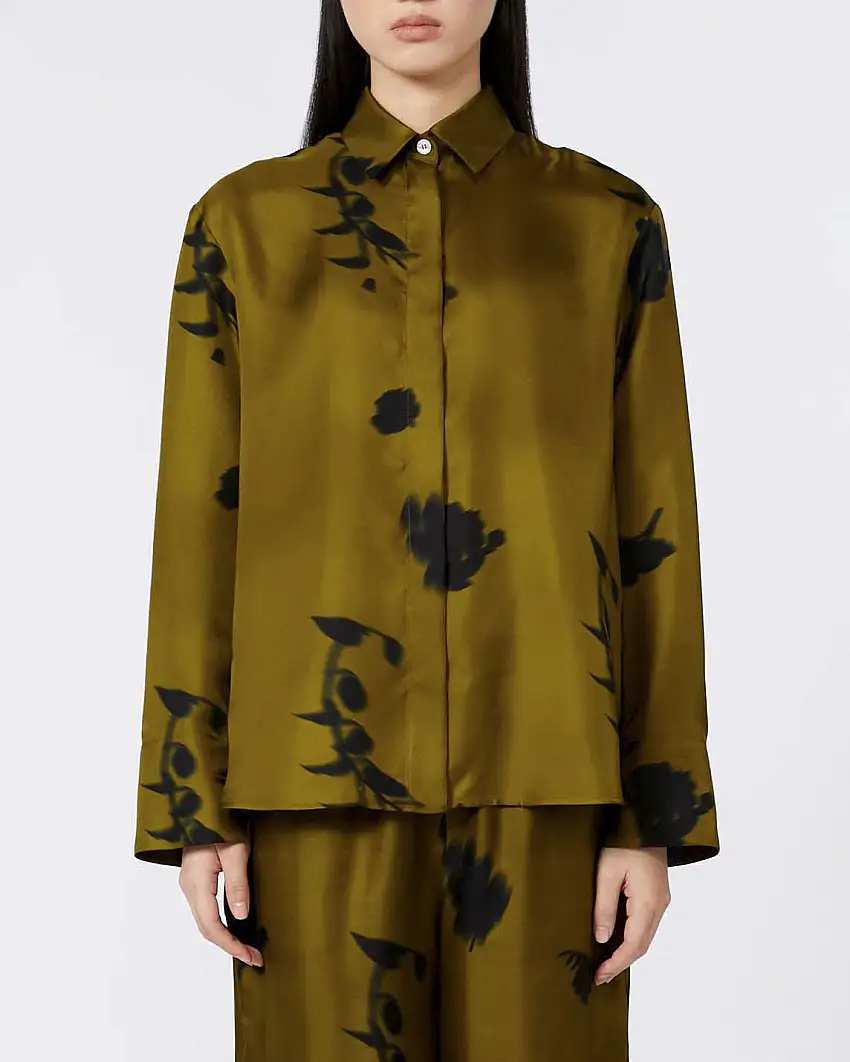 Camicia verde oliva in pura seta a stampa fiori blu MM Max Mara con maniche lunghe