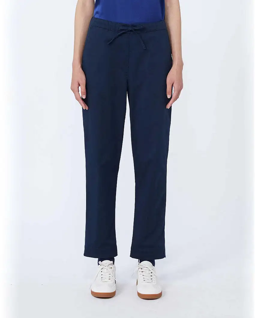 Jogger blu MM Max Mara in drill di cotone stretch con coulisse in vita