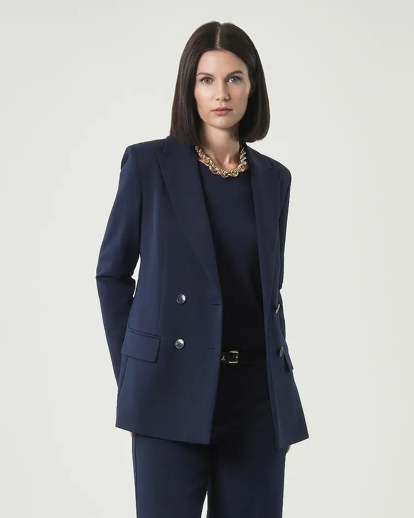 Blazer blu doppiopetto Emme Marella in tessuto diagonale stretch con scollo a rever