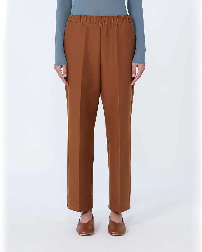 Pantaloni dritti color cuoio MM Max Mara in jersey di misto cotone effetto denim con elastico in vita