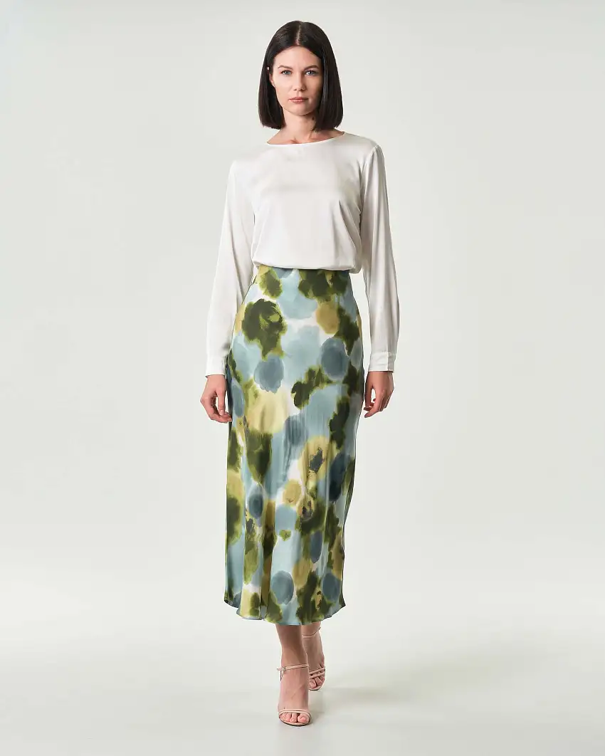 Gonna lunga Emme Marella a fantasia acquerello azzurra e verde in raso di viscosa
