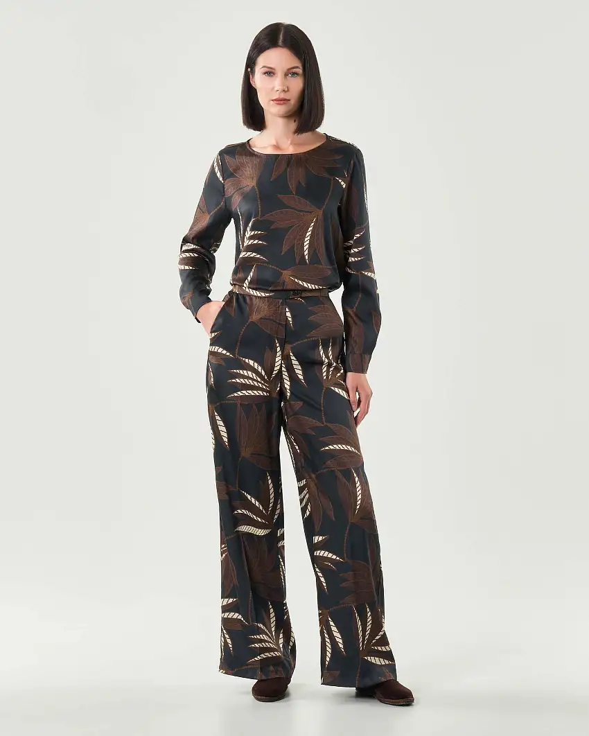 Pantaloni palazzo blu Emme Marella a fantasia ramage marrone in twill