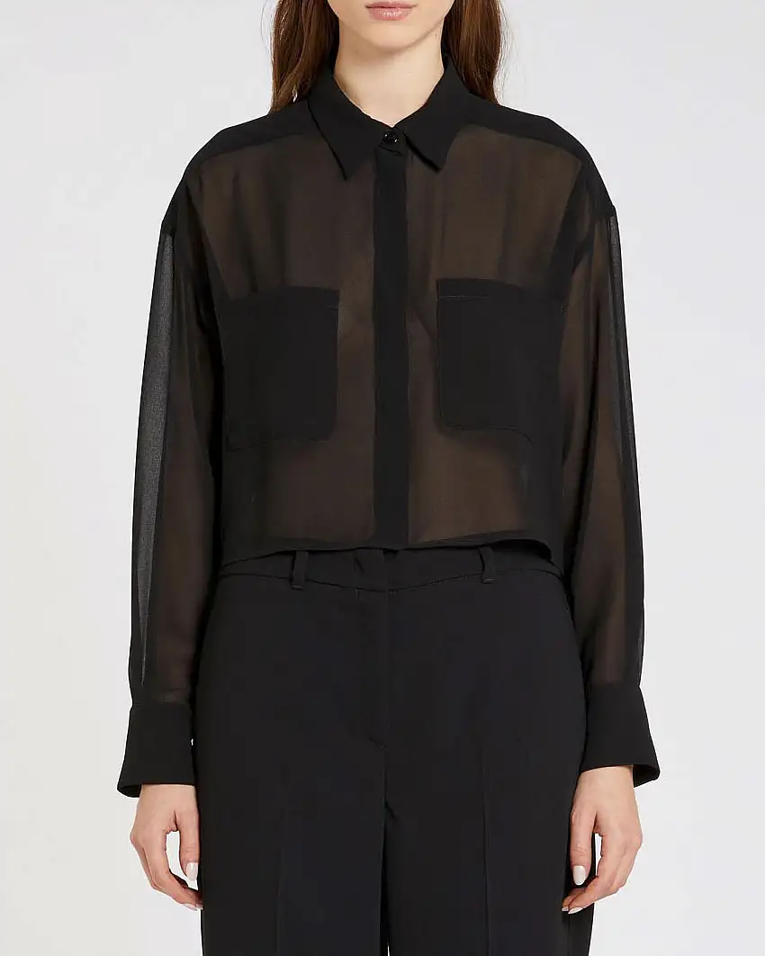 Camicia over nera in georgette crêpe Marella 365 con tasconi applicati sul petto