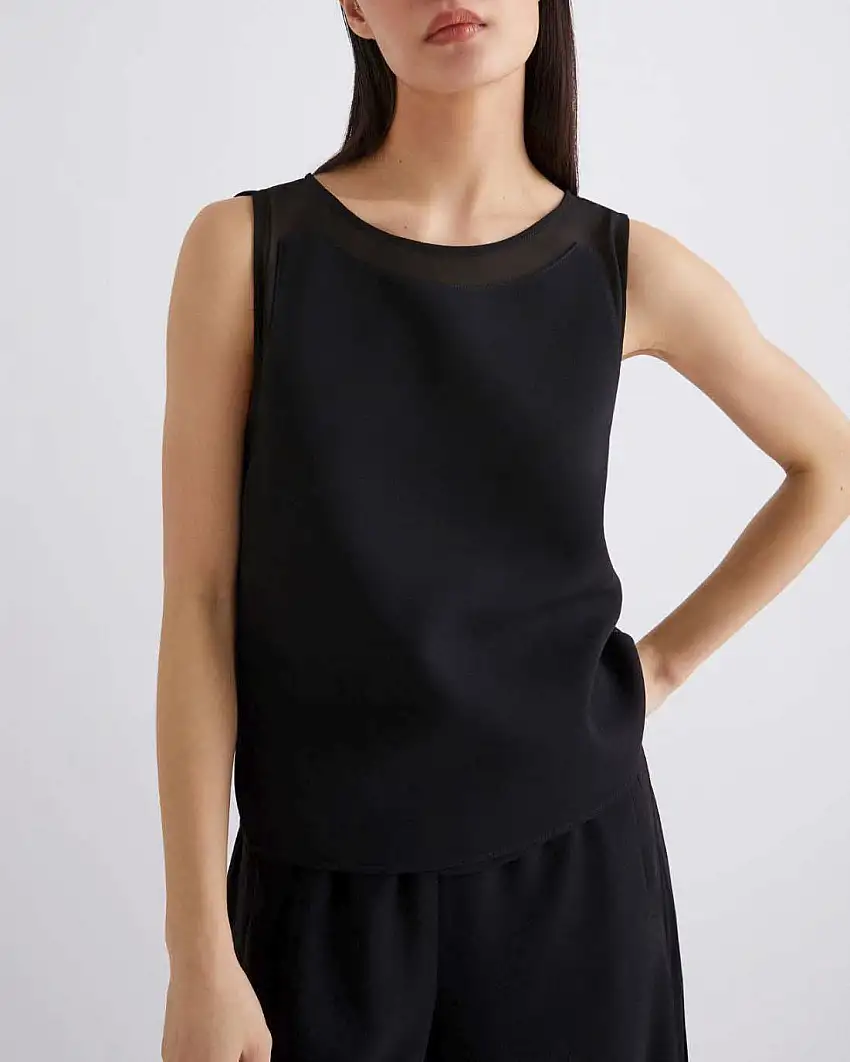 Top nero in crêpe envers satin Marella 365 senza maniche con inserti in georgette