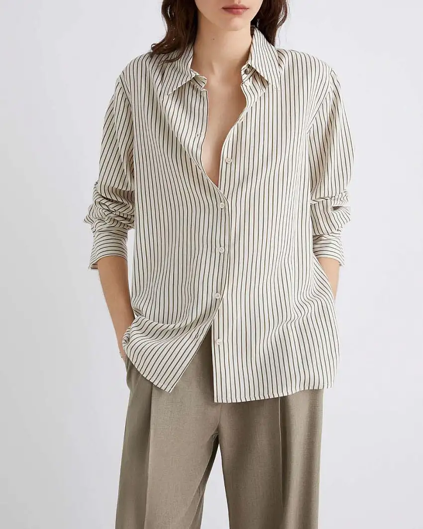 Camicia avorio a righe verde Marella in twill di misto viscosa lavato con cravatta coordinata