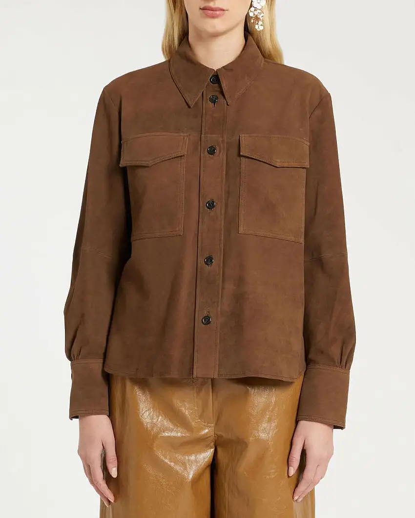 Giacca camicia Marella marrone in suede con doppia tasca sul petto