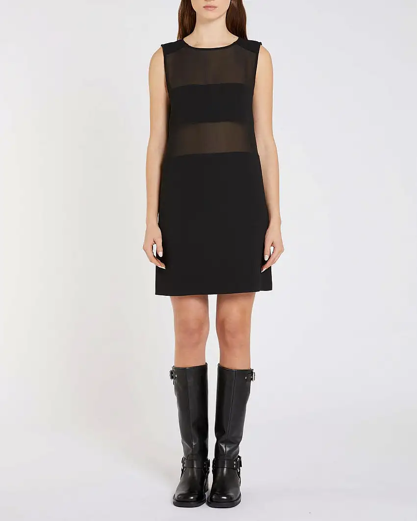 Abito corto nero Marella 365 crêpe envers satin senza maniche con inserto in georgette semitrasparente