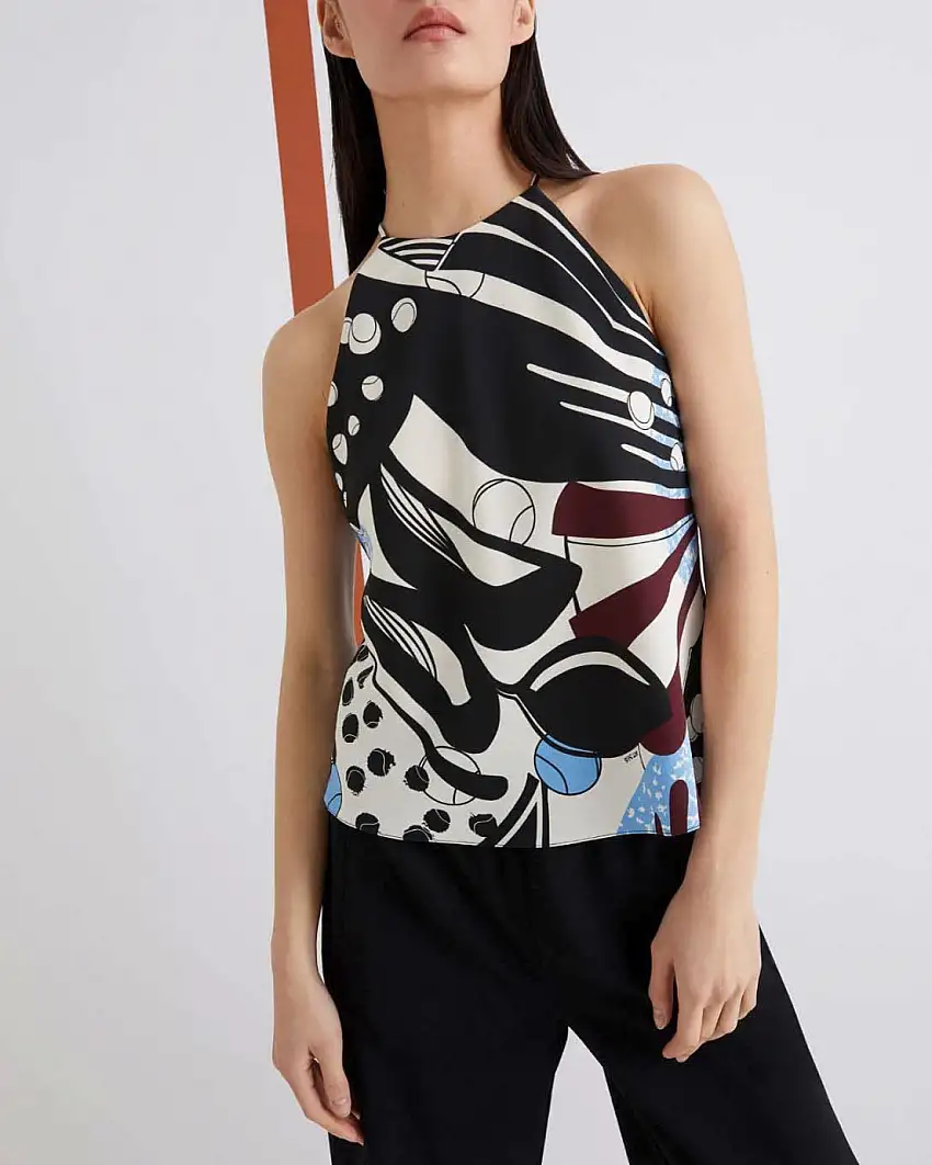 Top multicolore Marella 365 in crêpe envers satin a fantasia azzurra nera con scollo all'americana